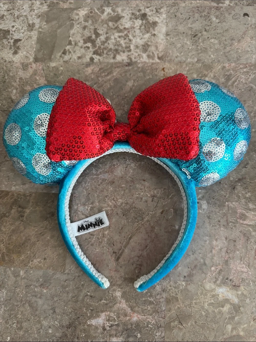 Disney Teal Sequin minnie Mouse Ears Headband with Red sequin Bow and flower
